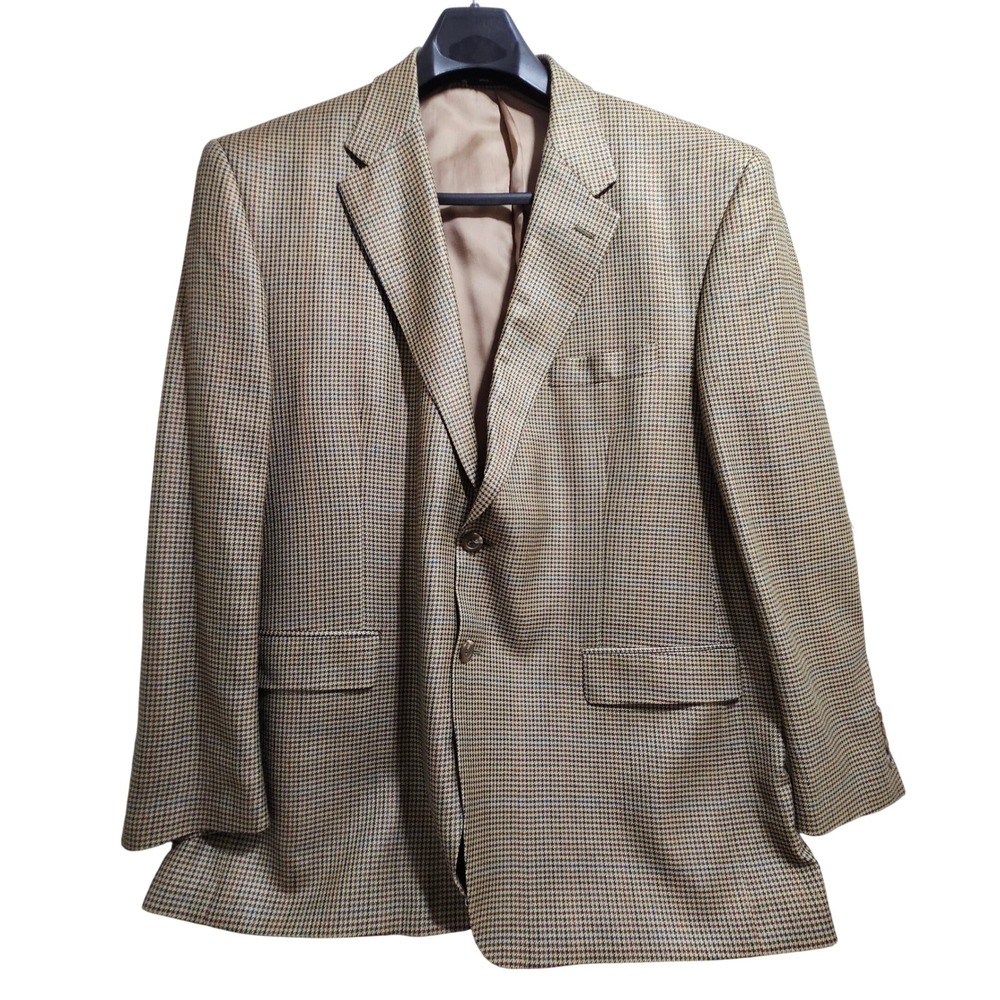 Chaps Vintage Sport Coat Mens 48R Tan 100% Silk Houndstooth Blazer Lined